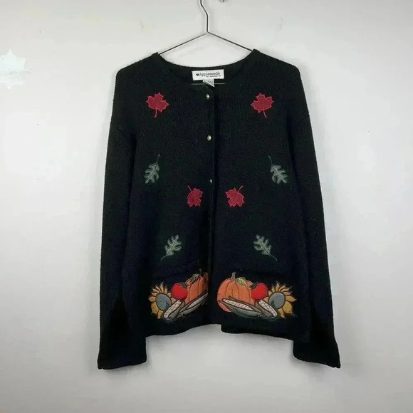 Appleseeds Black Autumn Cardigan with Embroidered Leaves and Harvest Design - Picture 1 of 4